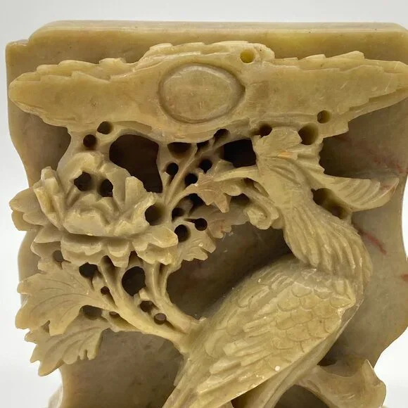 Vintage Pair of Hand-Carved Green Soapstone Bookends Phoenix Bird Lotus Flower - Picture 5 of 16